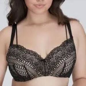Cacique Modern Linear Lace Balconette‎ Black Underwire Bra Size 44D